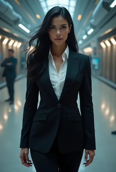 Long black haired woman wearing a female tuxedo with white blouse at Oscorp industries 