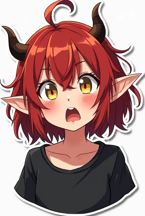 emote sticker, thick stroke, girl with red hair and dragon horns, shaggy long hair, elf ears, yellow eyes, black shirt, white background, astonish face