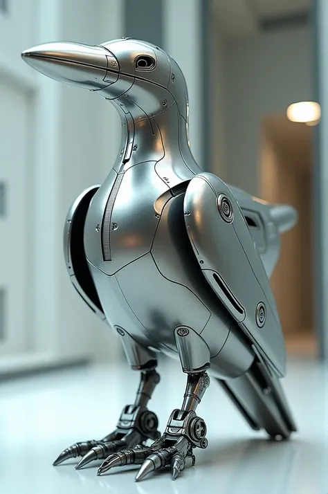 A bird in the shape of a metallic plane.
highly modern. WITH FEET