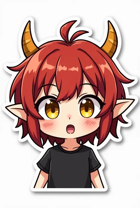 chibi emote sticker, thick stroke, girl with red hair and dragon horns, shaggy long hair, elf ears, yellow eyes, black shirt, white background, astonish face