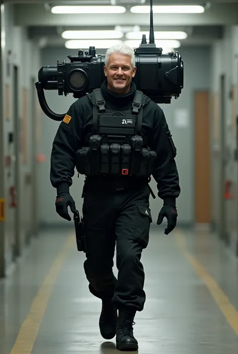 tall, muscular, pale man, with medium-length, straight platinum hair, smiling, wearing all-black military clothing and military gloves and boots, entering a training area with a huge radio on his shoulders, bigger than him