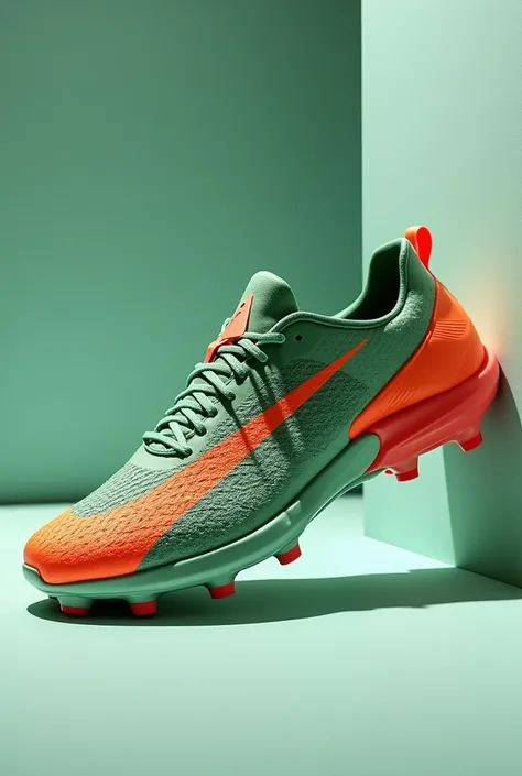 a soccer shoe with a basketball shoe and a running shoe together in a single image uses colors such as green, orange and red