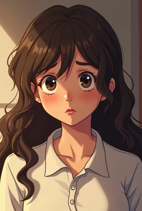 A VERY FAT 16-year-old girl with brown hair , dark , long and wavy black eyes , big ,expressive.  
  oval face with small nose and big mouth loose clothing, polo blanco, crying and with her slender mother in her room   . in animated 