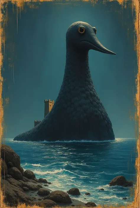 The cover of an old book . An ancient medieval lighthouse is depicted on land , dark. Night, (view from the sea ). (A huge colossus floats into the sea in water with an elongated muzzle with black eyes).   old style .   The image was taken with Edouard Man...