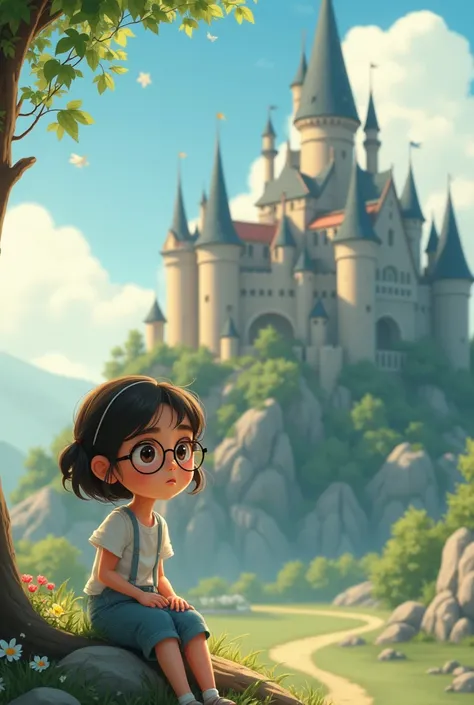 Animated girl with glasses, small, by the castle, sleepy 