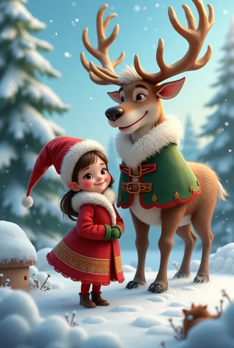 A Russian girl with a Christmas elf next to her and a reindeer on the other who look big