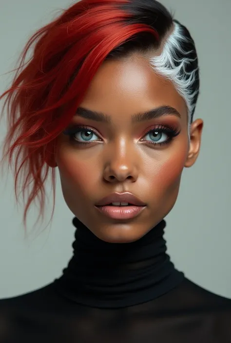   Beautiful mulatto with blue eyes and red hair, black highlight ,  white lock on face  
