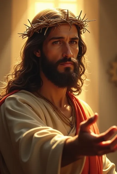  A detailed portrait of Jesus Christ in a realistic style ,  with an expression of compassion and serenity .  He is wearing a crown of thorns and extending his hand , as if inviting redemption .  The background is illuminated by a golden light ,   symboliz...