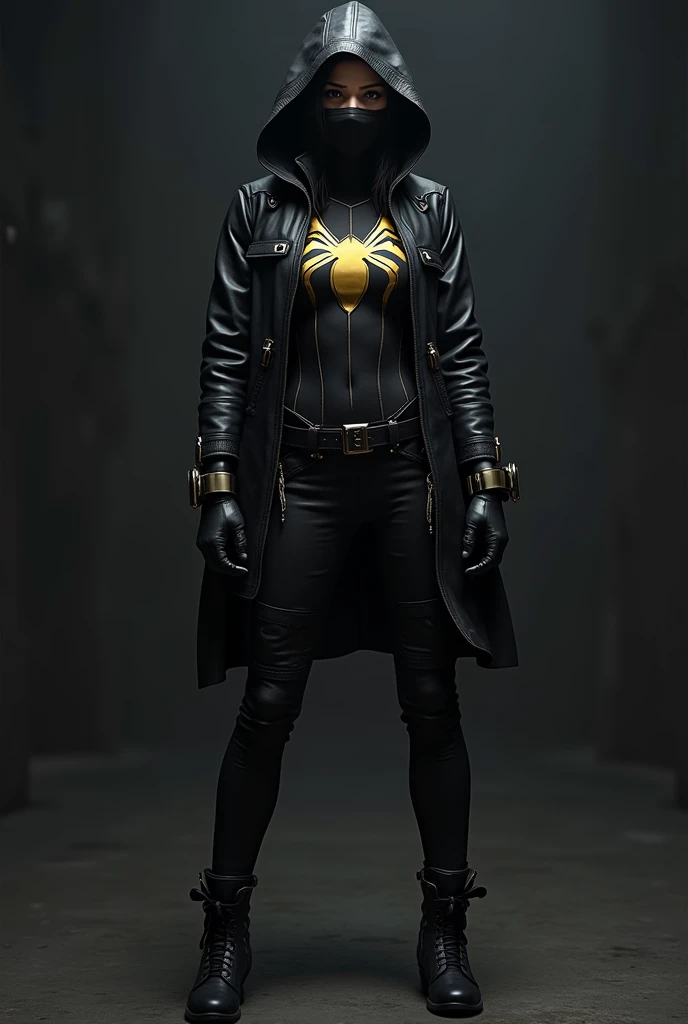 Spider-woman, wearing a dark and gold suit, with a black open leather hooded jacket. She has her mask on, so no hair. She also wears dark cargo pants and black boots