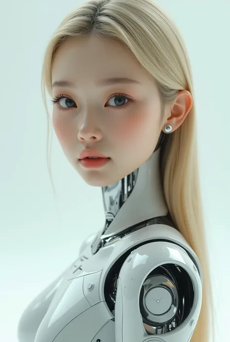 A 20-year-old super realistic humanoid robot girl,  with subtle Asian features ,  presenting a delicate face and soft feminine features .  Her eyes are almond-shaped and slightly slanted,  sturdy bones , with fair to medium skin , and straight, blonde hair...