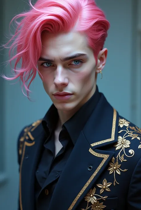  Man with pink hair,  blue eyes ,  dressed elegant and very attractive 