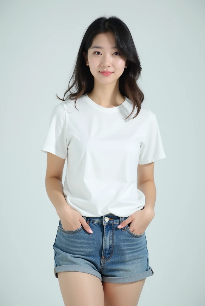 university student　where is ashida　 front　Im wearing a plain white t-shirt
　photograph　Too gentle 　 Japanese　　Spread your legs wide　 pose showing the cleft in your hip by widening it with your fingers　 facing the front　1 person
Proof Photo　Posh
jeans short...