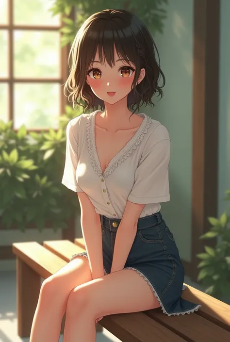 The girl is . cute face, white blouse with no bra underneath, mini skirt, sitting on a bench