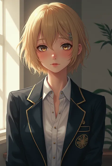 (( ultra detailed)), beautiful art,  18 year old blonde teen .  full lips. eyes wide open.  (( very short hair )),  Ultra high definition ,  tall details,  Best Quality ,,  school jacket ,  private school girl  , Unbuttoned