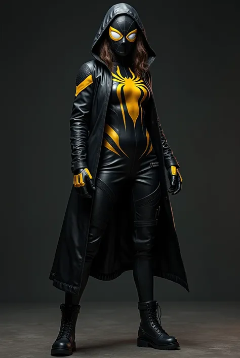 Spider-woman, wearing a dark and gold suit with her mask on, a black open leather hooded jacket and dark cargo pants and black boots