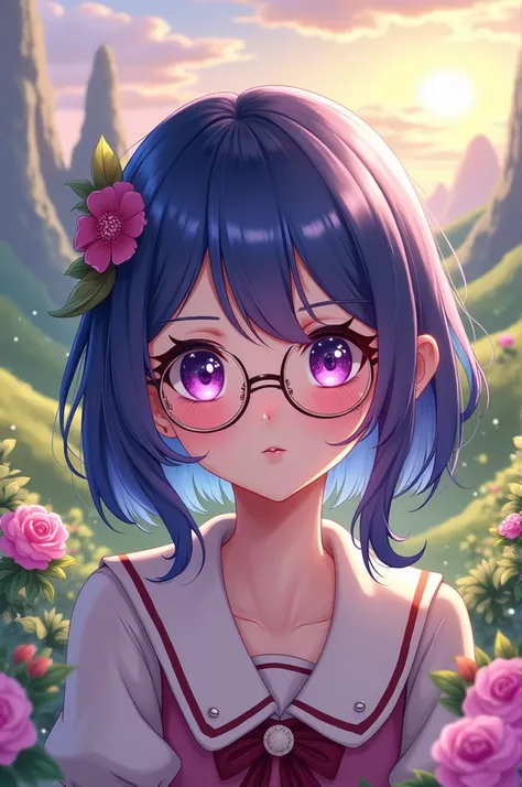 Girl about  with dark blue hair and purple eyes with glasses.  Genshin Impact style  