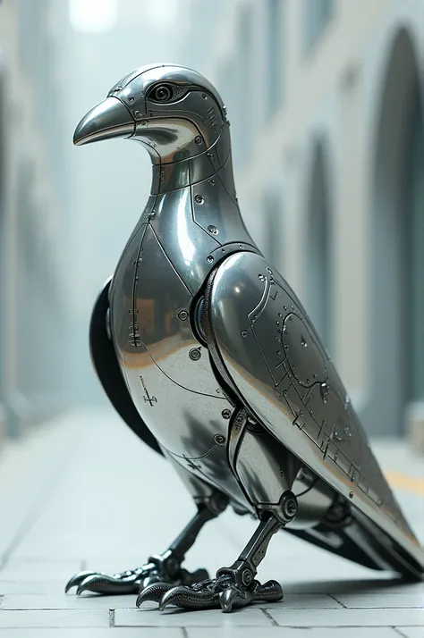 A bird in the shape of a metallic plane.
highly modern. WITH FEET