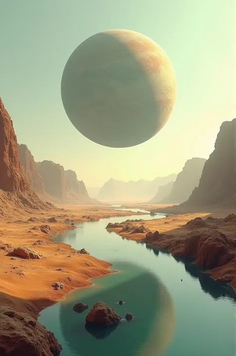 It generates an image of a planet in front of a river and scarcity like the desert on the sides 
