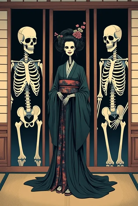 Skeleton and 3 panels of skeletons in the room,  woodcut by Utagawa Kuniyoshi ,  trending on pixiv , Ukiyo-e, Kawanabe Kyosai,  Ukisei, Bone Girl Skeleton Geisha, ,  Feudal Japanese Art , click - e , Ukiyo-e print, Ukiyo-e art