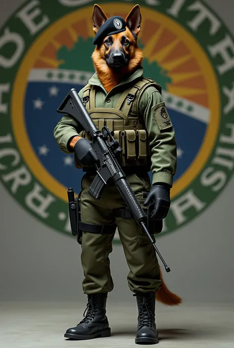  image of a German shepherd dog ,  inside a Brazilian and Pernambuco military coat of arms, standing, carrying a rifle,  with a black beret falling on its face and covering its left eye with writing "4th CIA ", vestindo uma calça tática in the green color ...