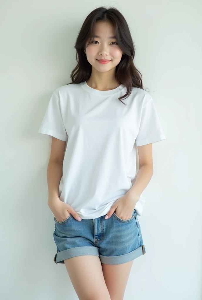 university student　where is ashida　 front　Im wearing a plain white t-shirt
　photograph　Too gentle 　 Japanese　　Spread your legs wide　 pose showing the cleft in your hip by widening it with your fingers　 facing the front　1 person
Proof Photo　Posh
jeans short...