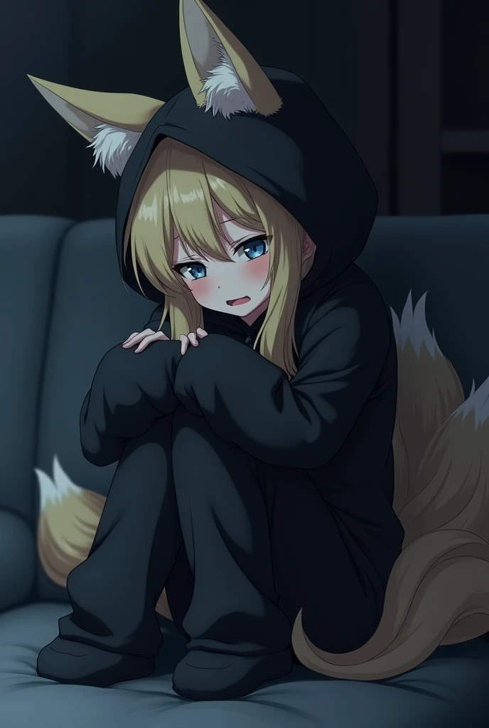 Anime Style, Anime,kitsune,kitsunes ears,kitsunes tails,in a huge hoodie, in all black clothes,crying,blonde Hair;blue eyes,1female,hugging her knees on the couch crying 