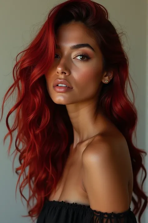 create a woman, black skinned, red and wavy hair, dark brown eyes,thin thin nose  , latina 