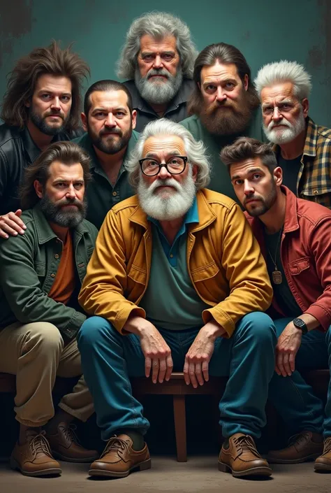 @Meta AI make an image for this WhatsApp group with 9 guys:
1)  A kinda fat guy with a round face and who has big hair,  but hes losing this one ,  and hes a rocker
2 )  A man with a gray beard ,  also involved in a black rocker ,  Bolshevik revolutionary ...