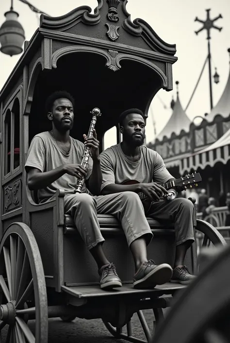 Three black men, humble musicians in a black and white carnival carriage 