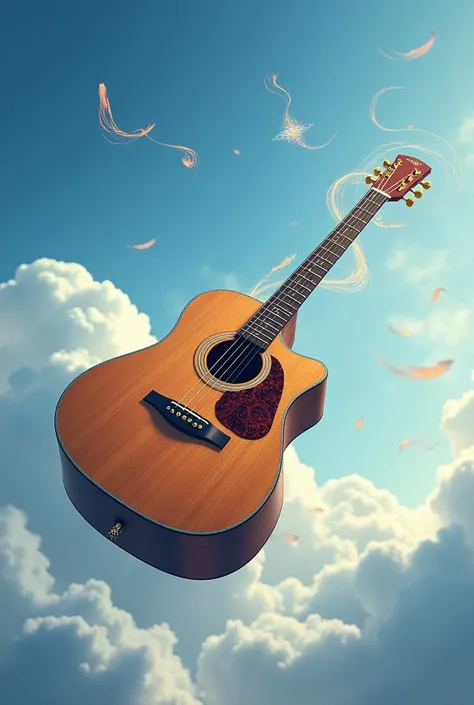 Acoustic guitar soaring through the skies
