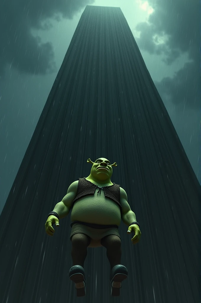  Huge building behind Shrek . Dark and sad atmosphere, depressive, nocturnal, storm. shrek, falling from a huge building .  thousands of tears falling from his eyes,  crying, seen from afar, underneath, no ar, looking at the viewer.  eyes filled with tears...