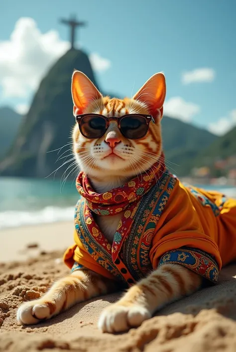  Generate a realistic image of a cat wearing vibrant and colorful clothes inspired by the styles of the favelas and Funkeiros do Rio de Janeiro, like bold prints ,  bright colors and ornate embroidery .  The cat must be sunbathing on a hot sandy beach or a...