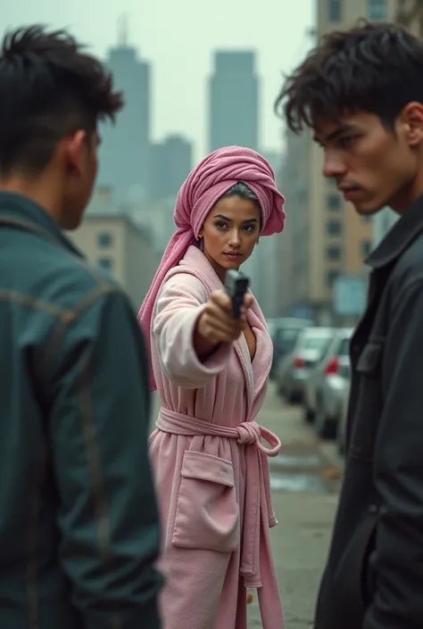 Extremely photorealistic A beautiful youthful looking Filipino version of Ariana Grande as a 50 years old woman with her gray hair covered in a pink hair towel she holds a glock, she is wearing a bathrobe , timberland boots, her gun is pointed towards 2 yo...