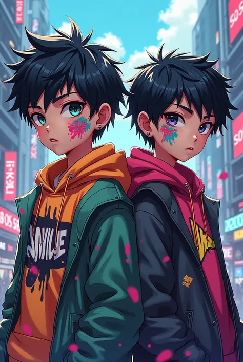 Anime and cyberpunk style. Two boys with graffiti designs and paint on the face and clothes