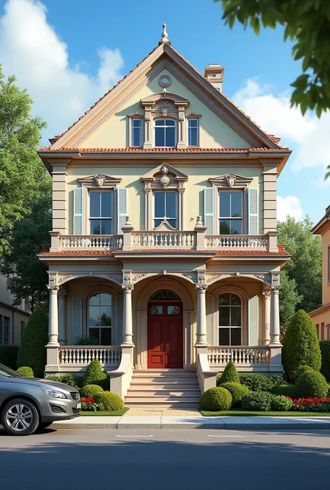  a close up of a house with an entrance and a car parked in front of it,  a dot by Rachel Reckitt  , shutterstock,  renaissance , 3 4 5 3 1, elevation view, Detailed photo, carrington,  Beautifully detailed , Award-winning render,  incredibly detailed, Out...