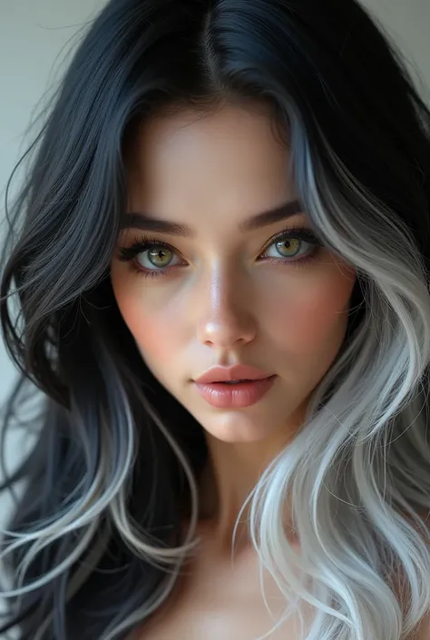 (photorealism:1.2), beautiful white woman with black and white hair looking at a camera as a selfie