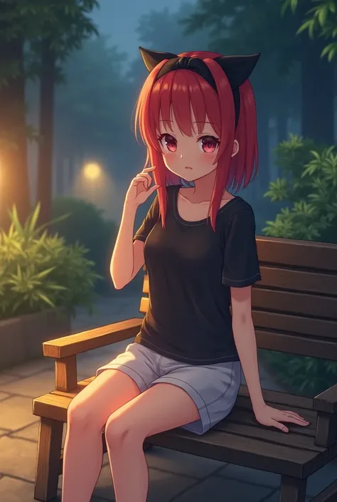  creates an anime girl in very light pajamas with short shorts and a short small black light t-shirt. She is sitting on a bench with a table near the woods. There is the light of the streetlights that surrounds her . ha dei capelli rossi con un fiocco nero...