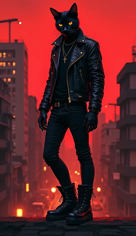 The image shows a red and black ink illustration of a handsome black cat in human form, black leather jacket, punk outfit, high punk boots, standing on a rooftop in a night street in Bogota. Super resolution, super quality.
