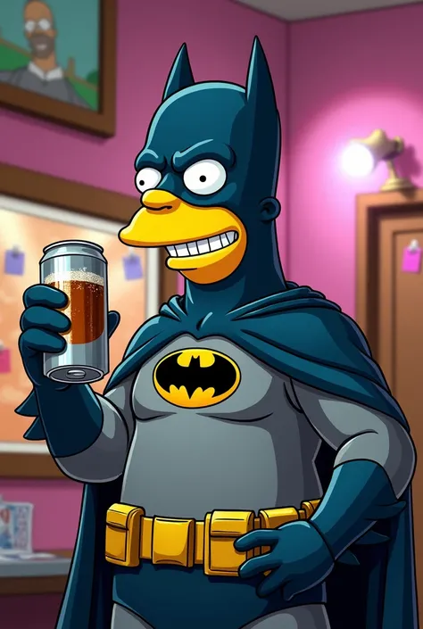 Homer Simpsons dressed as Batman with beer 