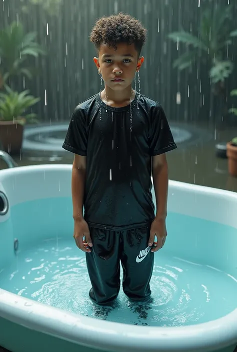 Boy with permed hair, with Black T-Shirt, Sports long pants, from Nike, in the with water filled big Bathub, soaking wet clothes, water dripping from his Clothes and Hair 
