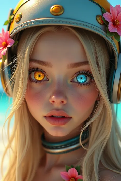  Close-up of an improved masterpiece:1.5)0.9], (Playa y Caribe :1.2) ( Long messy blonde hair :1.1) (heterochromia:  xanthochromia and blue eyes :1.2) ( Slim headband space helmet with colorful flowers:1.0) ( Colored stars in the eyes:1.0) (A radiant glow:...