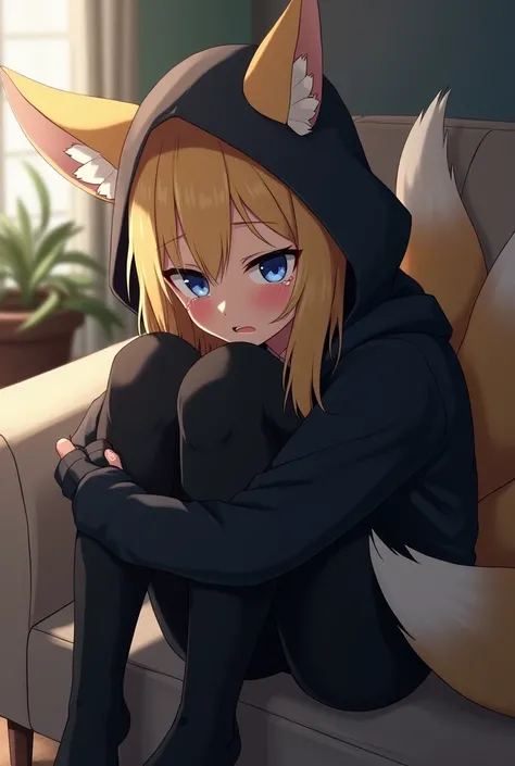 Anime Style, Anime,kitsune,kitsunes ears,kitsunes tails,in a huge hoodie, in all black clothes,crying,blonde Hair;blue eyes,1female,hugging her knees on the couch crying grown woman 