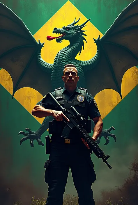  coat of arms , dragon, strong,  with bulletproof vest , Brazilian police uniform ,  flag of the state of Pernambuco behind,  man holding a gun,  written under the coat of arms Gang 58