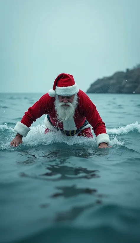 (  Masterpiece :1.2),  top quality, Santa Claus triathlon , Santa Claus desperately swims and competes in the cold sea, Desperate look,  photo realistic, hyper realistic,  top quality, Ultra Realistic, 8k, Golden Ratio,  complicated,  high detail, Film Pho...