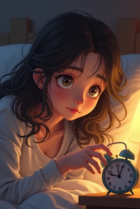 A girl with hair up to her shoulders light brown wavy just waking up with her eyes open turning off the realistic alarm that she is a brunette with thick black eyebrows