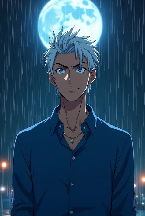  in anime style.  An adult-looking man with white hair, He was wearing a blue shirt .  He was smiling with gray blue eyes .

Night and rain scenario . with a moon.