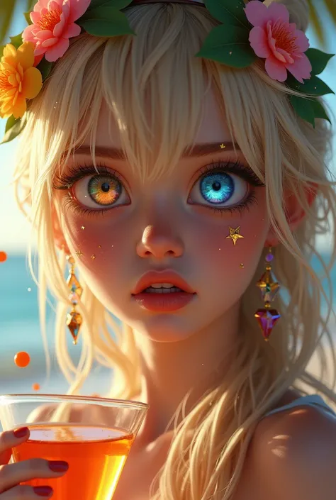  Close-up of an improved masterpiece:1.5)0.9], (Playa y Caribe :1.2) ( long messy blonde hair :1.1) (heterochromia:  xanthochromia and blue eyes :1.2) ( thin headband with colorful flowers:1.0) ( Colored stars in the eyes:1.0) (A radiant glow:1.1) ( Thick ...