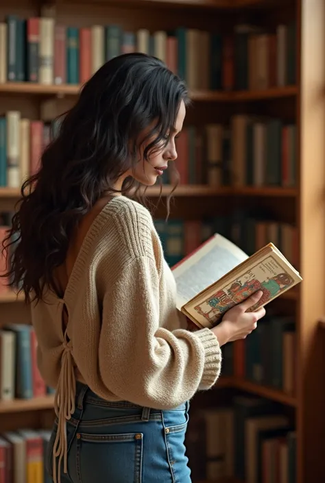 An ultra-realistic and highly detailed 4K UHD photograph of a young Latina woman, approximately 30 years old, with long, wavy hair, standing in front of a bookshelf in a library. She is wearing a beige, slightly oversized sweater with a tie-back detail on ...