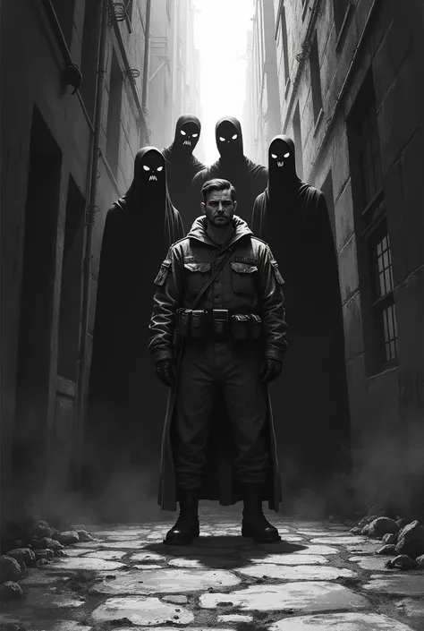 In the comic book style in 2D and black and white and dark background make a soldier with macabre humanoid shadows whispering in your ear in an alley