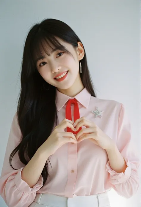 masterpiece, best quality, A young Korean woman with long, vey thin body, straight black hair and blunt bangs smiles at the camera. She wears a pink blouse adorned with a diamond star brooch and a red ribbon tied around her neck. Her hands form a heart sha...